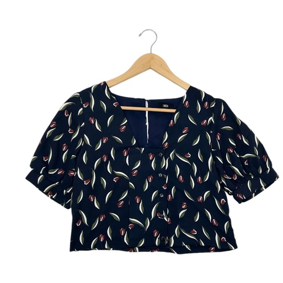 Lucca Penny Puff Button Front Blouse - Navy Floral - Picture 4 of 14